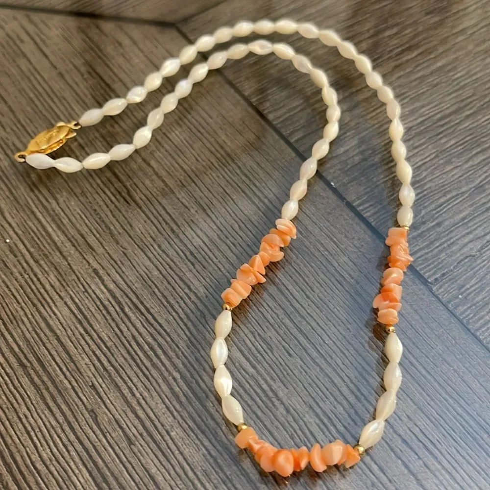 Vintage Lucoral Single Strand Coral & Mother of Pearl Necklace Rice Beads